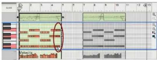 Screenshot of a CD or audio workstation interface showing track controls, preview window with waveform graphs, and a highlighted 'Velocity' annotation.