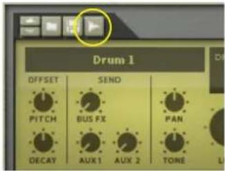 Drum 1 OFFSET SEND PITCH BUS FX PAN DECAY AUX 1 AUX 2 TONE
