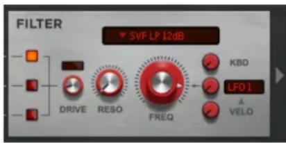 FILTER SVF LP 12dB KBD LF01 DRIVE RESO FREQ VELO