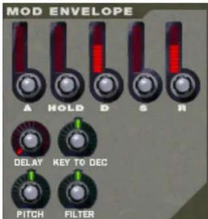 MOD ENVELOPE A HOLD D S R DELAY KEY TO DEC PITCH FILTER