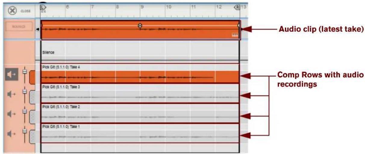 Audio clip (latest take) Silence Pick Git (5.1.1.0) Take 4 Pick Git (5.1.1.0) Take 3 Pick Git (5.1.1.0) Take 2 Pick Git (5.1.1.0) Take 1 Comp Rows with audio recordings