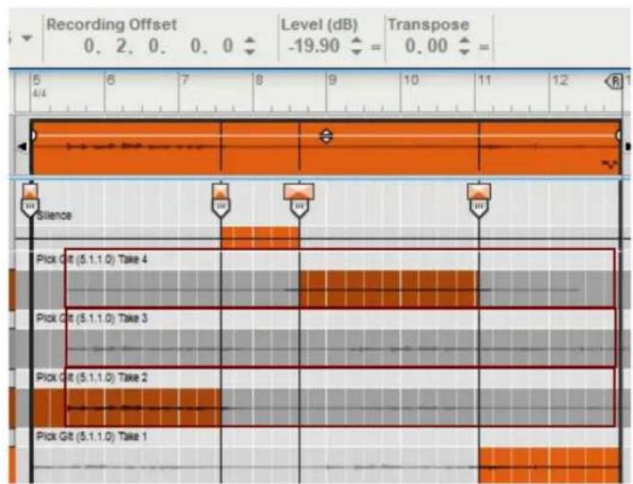 Recording Offset 0. 2. 0. 0. 0 Level (dB) -19.90 ← = Transpose 0.00 ← = 5 6 7 8 9 10 11 12 R Silence Pick Git (5.1.1.0) Take 4 Pick Git (5.1.1.0) Take 3 Pick Git (5.1.1.0) Take 2 Pick Git (5.1.1.0) Take 1