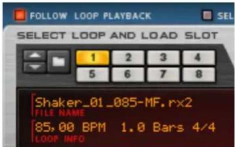 FOLLOW LOOP PLAYBACK SELECT LOOP AND LOAD SLOT 1 2 3 4 5 6 7 8 Shaker_01_085-MF.rx2 FILE NAME 85,00 BPM 1.0 Bars 4/4 LOOP INFO