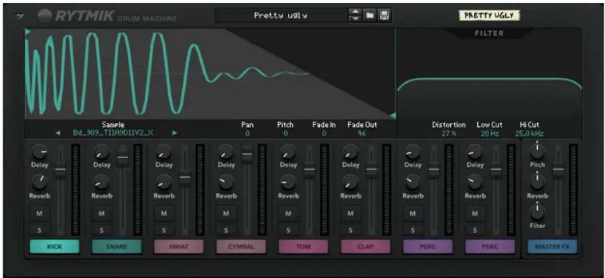 RYTMIK DRUM MACHINE Pretty ugly PRETTY UGLY FILTER Sample Bd_909_T11R9D11V2_X Pan 0 Pitch 0 Fade In 0 Fade Out 46 Distortion 27 % Low Cut 20 Hz Hi Cut 25.0 kHz Delay Reverb M S SNARE HBMAT CYMBAL TOM CLAP PERC PERC Master FX