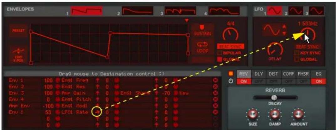 ENVELOPES 1 2 3 4 LFO 1 2 3 Preset SUSTAIN 4/4 BEANSUR BIPOLAR GLOBAL 1.583Hz BEAT SYNC KEY SYNC GLOBAL Dra# mouse to Destination control () Env 1 100 End1 Freq ↑ 0 ↑ 0 Env 2 100 End1 Res ↑ 0 ↑ 0 Env 3 100 Amp Gain ↑ 0 En91 Shoe -70 Key Env 4 0 End1 Pitch ↑ 0 ↑ 0 Amp Env -100 End1 Nod1 ↑ 0 ↑ 0 Env 1 53 LF01 Rate → 0 ↑ 0 0 ↑ 0 0 ↑ 0 REV DLY DIST COMP PHSR EQ ON OFF OFF OFF ON REVERB DECAY SIZE DAMP AMOUNT
