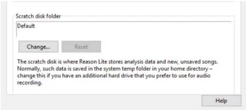Scratch disk folder Default Change... Reset The scratch disk is where Reason Lite stores analysis data and new, unsaved songs. Normally, such data is saved in the system temp folder in your home directory – change this if you have an additional hard drive that you prefer to use for audio recording. Help