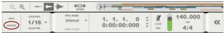 ZOOM KEYS GROOVE Q RECORD 1/16 QUANTIZE SYNC MODE Internal SEND CLOCK 1. 1. 1. 0 0:00:00:000 140.000 TAP 4/4