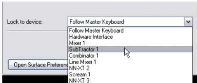Lock to device: Follow Master Keyboard Follow Master Keyboard Hardware Interface Mixer 1 SubTractor 1 Combinator 1 Line Mixer 1 NN-XT 2 Scream 1 NN-XT 3 Open Surface Preferem