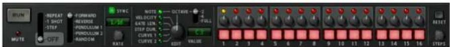 RUN -RESET 1 SHOT -1 STEP -MUTE -OFF -FORMAND -REVERSE PENGULUM 1 PENGULUM 2 -RANDOM SYNC NOTE VELOCITY GAIN NUM STEP CUR CURVE CURVE 2 EDIT OCTAVE -2 FULL C3 VALUE 1 2 3 4 5 6 7 8 9 10 11 12 13 14 15 16 RESET STEPS