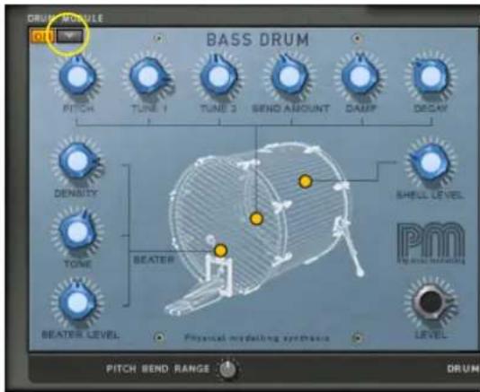 DRUM MODULE OFF BASS DRUM PITCH TUNE 1 TUNE 2 BEND AMOUNT DAMP BEND AMOUNT DENSITY SHELL LEVEL TOME BEATER PMM BEATER LEVEL Physical meshing synthase LEVEL PITCH BEND RANGE DRUM