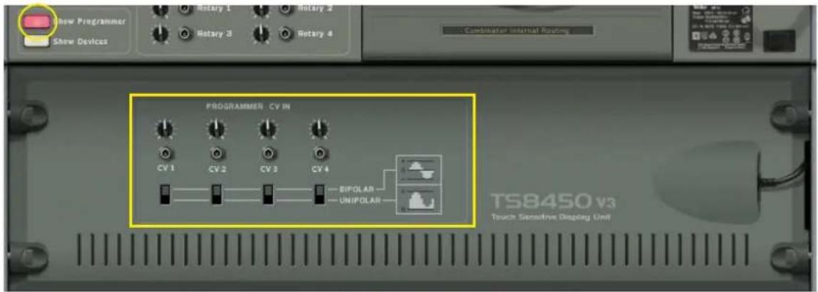 Show Programmer Show Devices Rotary 1 Rotary 2 Rotary 3 Rotary 4 Combinator Internal Roasting PROGRAMMER CV IN CV 1 CV 2 CV 3 CV 4 BIPOLAR UNIPOLAR TS8450 v3 Touch Sensitive Display Unit