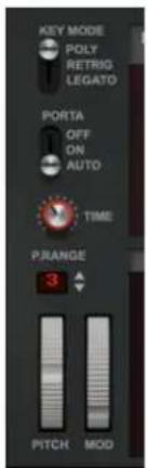KEY MODE POLY RETRIQ LEGATO PORTA OFF ON AUTO TIME PRANGE 3 PITCH MOD