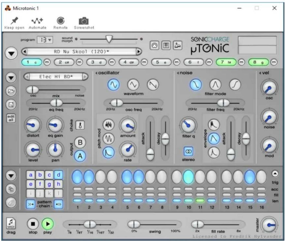 Microtonic 1 Keep open Automate Remote Screenshot program 13 sound morph RD Nu Skool (120)* SONICCHARGE μTONiC 1 c m 2 c# m 3 d m 4 d# m 5 e m 6 f m 7 f# m 8 g m Edit all Elec Hi BD* osc mix noise 20Hz eq freq 20kHz distort eq gain choke level pan output B A precillator waveform 20Hz osc freq 20kHz pitch mod amount decay rate attack filter mode 20Hz filter freq 20kHz filter q envelope decay stereo mod a b c d e f g h i j k l pattern - chain - >> 1 2 3 4 5 6 7 8 9 10 11 12 13 14 15 16 trig acc fill len MIDI master drag stop play ½/8 ½T ½16 ½16T ½32 0% swing 100% 2x fill rate 8x Licensed to Fredrik Hylvander