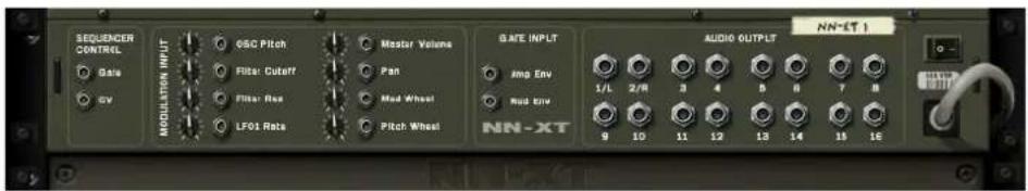 SEQUENCER CONTROL GAE GV MODULATION INPUT OSC Pitch Filter Cutoff Filter Res LF01 Rats Master Volume Pan Mid Wheel Pitch Wheel GATE INPUT Amp Env Mid Env NN-XT AUDIO OUTPUT NN-ET 1 1/L 2/R 3 4 5 6 7 8 9 10 11 12 13 14 15 16