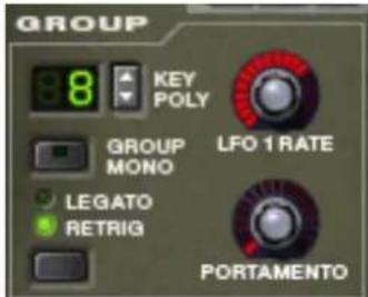 GROUP KEY POLY GROUP MONO LEGATO RETRIG LFO 1 RATE PORTAMENTO
