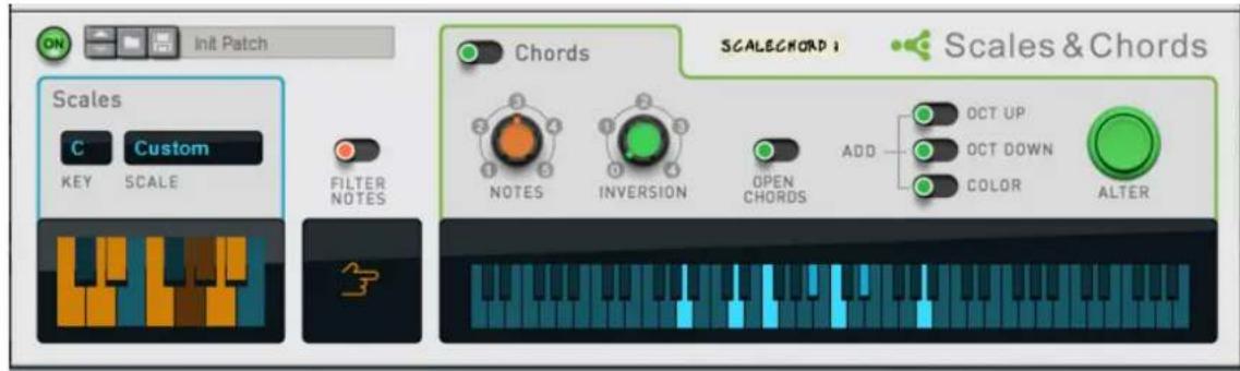 Init Patch Scales C Custom KEY SCALE FILTER NOTES Chords SCALECHORD 1 Scales & Chords NOTES INVERSION OPEN CHORDS ADD OCT UP OCT DOWN COLOR ALTER