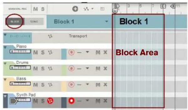 MANUAL REC M S Block 1 Block 1 Transport Piano M S 1/4 - - M X Drums M S 1/4 - - M X Bass M S 1/4 - - M X Synth Pad M S 1/4 - - M X Block Area