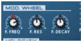 MOD. WHEEL F. FREQ + F. RES + F. DECAY +