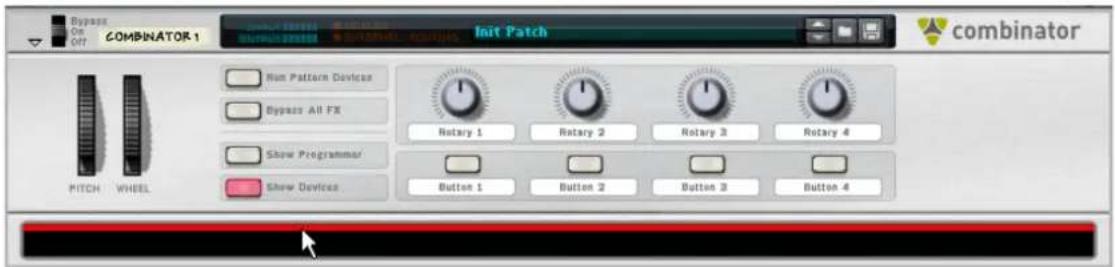Bypass On Off7 COMBINATOR 1 Init Patch combinator Non Pattern Devices Bypass All FX Show Programmer Show Devices PITCH WHEEL Rotary 1 Rotary 2 Rotary 3 Rotary 4 Button 1 Button 2 Button 3 Button 4