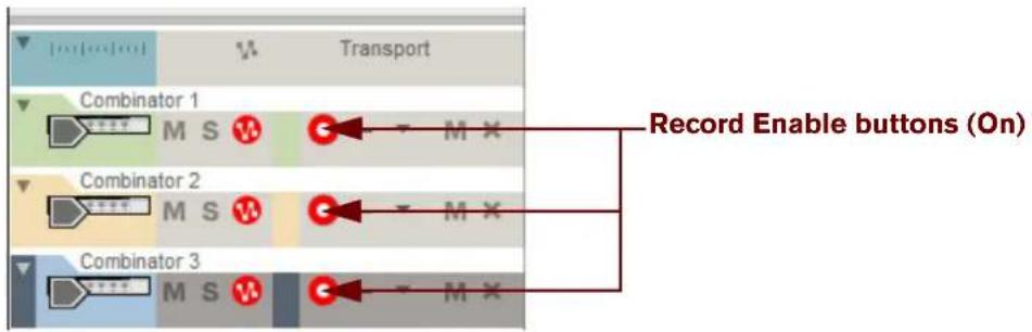 Transport Combinator 1 M S Record Enable buttons (On) Combinator 2 M S M X Combinator 3 M S M X