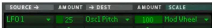 SOURCE → AMOUNT → DEST AMOUNT SCALE LFO1 25 Oscl Pitch 100 Mod Wheel