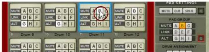 MUTE A B C LINK D E F ALT G H I 0 Drum 9 10 Drum 10 11 Drum 11 12 Drum 12 MUTE A B C LINK D E F MUTE A B C LINK D E F MUTE A B C LINK D E F PAD SETTINGS MUTE CLR SOLG PAD GROUP MUTE A B C LINK D E F ALT G H I DRUM ASSIGNMENT