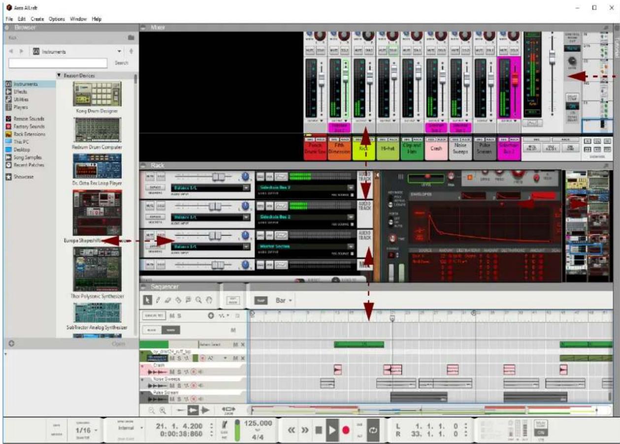 Auto All Right File Edit Create Options Window Help Browser Pick: Instruments Search Reason Devices Instruments Effects Utilities Players Reason Sounds Factory Sounds Rock Extensions The PC Desktop Song Samples Recent Patches Showcase Kong Drum Designs Redrum Drum Computer Dr. Otta Res Loop Player Europa Sharpshifts Thor Polysonic Synthesizer Sub-Vinctor Analog Synthesizer Open 21, 1, 4.200 0:00:38:860 125,000 4/4 L 1, 1, 1, 0 R 33, 1, 1, 0