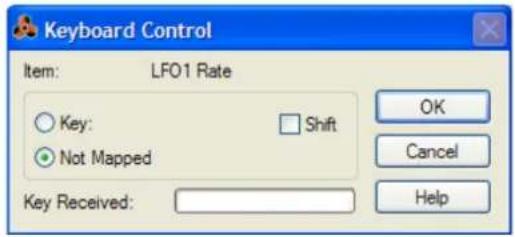 Keyboard Control Item: LFO1 Rate Key: Shift Not Mapped Key Received: OK Cancel Help