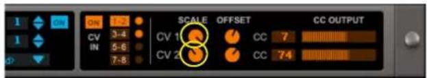 ON CV 3-4 IN 5-6 7-8 SCALE OFFSET CC OUTPUT CV 1 CV 2 CC 7 CC 74