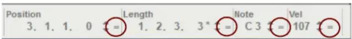 Position 3. 1. 1. 0 1 = Length 1. 2. 3. 3 * t = C 3 t = 107 t = Note Vel