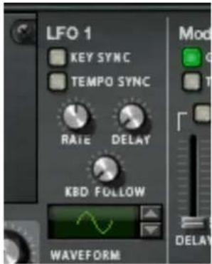 LFO 1 KEY SYNC TEMPO SYNC RATE DELAY KBD FOLLOW WAVEFORM Mod DELAY