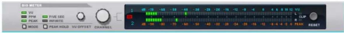 BIO METER VU PPM FIVE SEQ PEAK INFINITE MODE PEAK HOLD VU OFFSET CHANNEL 1 40 -78 -60 -50 -48 -38 -29 -20 -16 -12 -9 -4 0 4 4 8 10 12 VU 2 48 -90 -80 -70 -60 -50 -40 -32 -28 -24 -20 -16 -12 -9 -6 -4 -2.0 PEAK RESET L CLIP R RESET