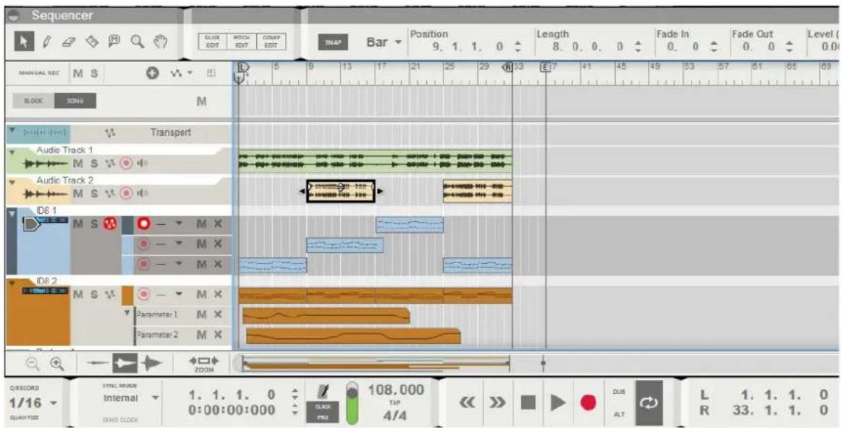 Sequencer MANUAL REC M S + BLOCK TONG M Audio Track 1 V Transport Audio Track 2 M S V ID6 1 M S - M X ID6 2 M S - M X Parameter 1 M X Parameter 2 M X ZOOM SYNC MODE Internal QUARTIZ 1. 1. 1. 0 0:00:00:000 108.000 TAP 4/4 Length 8. 0. 0. 0 Fade In 0. 0 Fade Out 0. 0 Level ( R 33. 1. 1. 0