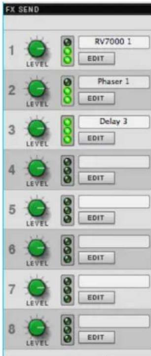 FX SEND 1 LEVEL RV7000 1 EDIT 2 LEVEL Phaser 1 EDIT 3 LEVEL Delay 3 EDIT 4 LEVEL EDIT 5 LEVEL EDIT 6 LEVEL EDIT 7 LEVEL EDIT 8 LEVEL EDIT