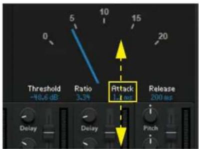 Threshold ~10.6 dB Ratio 3.3% Attack 1.8 m² Release 200 m² Delay Delay Pitch