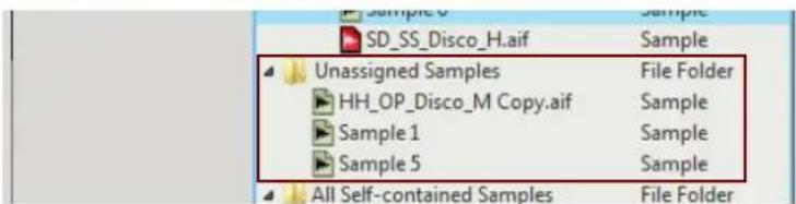 SD_SS_Disco_H.aif Unassigned Samples HH_OP_Disco_M Copy.aif Sample 1 Sample 5 All Self-contained Samples File Folder Sample Sample Sample Sample