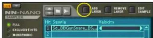 NN-NANO SAMPLEM FULL EXCLUSIVE HITS MONOPHONIC ADD LAYER REMOVE LAYER EDIT SAMPLE Hit Sample Velocity 1 Sd_BBGunSnare_BS... 2
