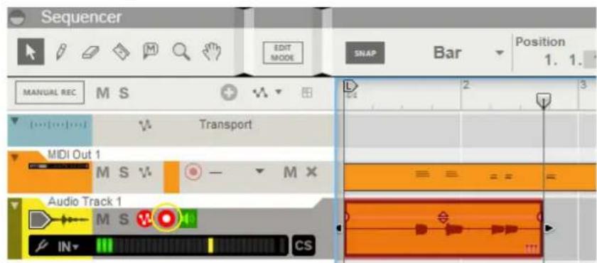 Sequencer EDIT MODE MANUAL REC M S Transport MIDI Out 1 Audio Track 1 IN CS SNAP Bar Position 1. 1.