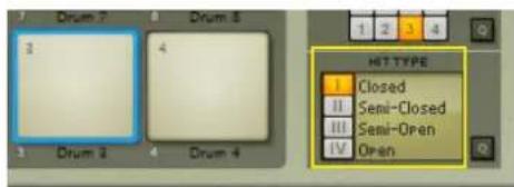 Drum 7 Drum 8 1 2 3 4 Drum 3 Drum 4 HIT TYPE Closed Semi-Closed Semi-Open Open