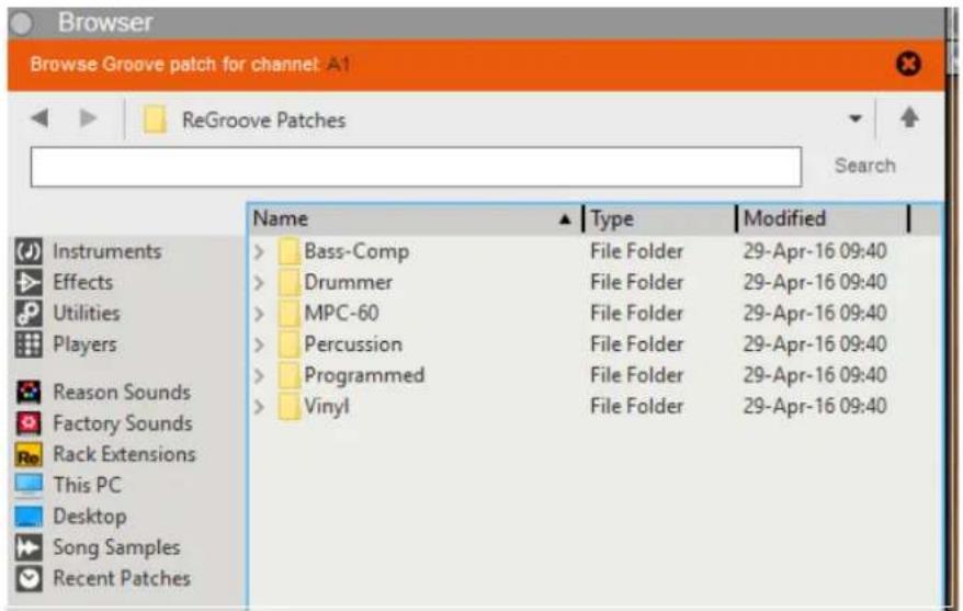 Browser Browse Groove patch for channel: A1 ReGroove Patches Search Name ▲ Type Modified Instruments Bass-Comp File Folder 29-Apr-16 09:40 Effects Drummer File Folder 29-Apr-16 09:40 Utilities MPC-60 File Folder 29-Apr-16 09:40 Players Percussion File Folder 29-Apr-16 09:40 Reason Sounds Programmed File Folder 29-Apr-16 09:40 Factory Sounds Vinyl File Folder 29-Apr-16 09:40 Rack Extensions This PC Desktop Song Samples Recent Patches