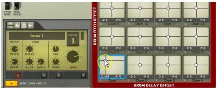 PITCH AND WHEEL DRUM 1 OFFSET SIND PITCH BUS FX PAN DECAY AUX 1 AUX 2 TONB LEVEL SHOW DRUM AND 1K DRUM PITCH OFFSET D:0 P:0 D:0 P:0 D:0 P:0 D:0 P:0 5 Drum 9 11 Drum 10 11 Drum 11 12 Drum 12 D:0 P:5 D:0 P:0 D:0 P:0 D:0 P:0 3 Drum 8 7 Drum 7 6 Drum 6 D:~59 P:70 D:0 P:0 D:0 P:0 D:0 P:0 1 Drum 1 2 Drum 2 3 Drum 3 4 Drum 4 DRUM DECAY OFFSET