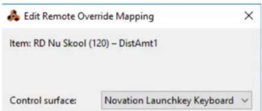 Edit Remote Override Mapping Item: RD Nu Skool (120) - DistAmt1 Control surface: Novation Launchkey Keyboard