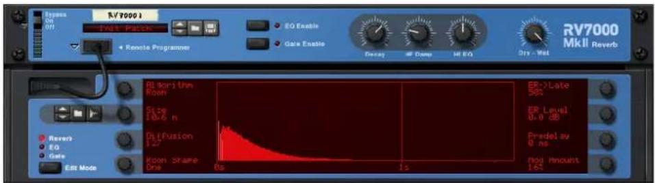RV70001 On Off NV 70001 Nikl Packk 4 Remote Programmer EQ Enable Gate Enable Decay MF Damo MF EQ Dry - Wet RV7000 MkII Reverb AI Sencil Room Size 78.2 m Diffusion 127 Room Share One 6s 1s EP->Late 39% ER Level 6.0 dB Predel av 8 ns mod Amount 165 Reverb EQ Gate Edit Mode