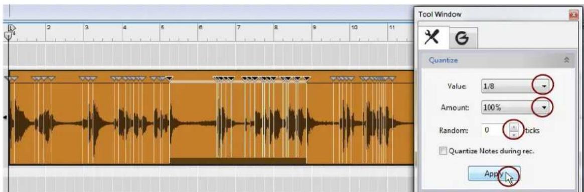 Tool Window Quantize Value: 1/8 Amount: 100% Random: 0 ticks Quantize Notes during rec. Apply