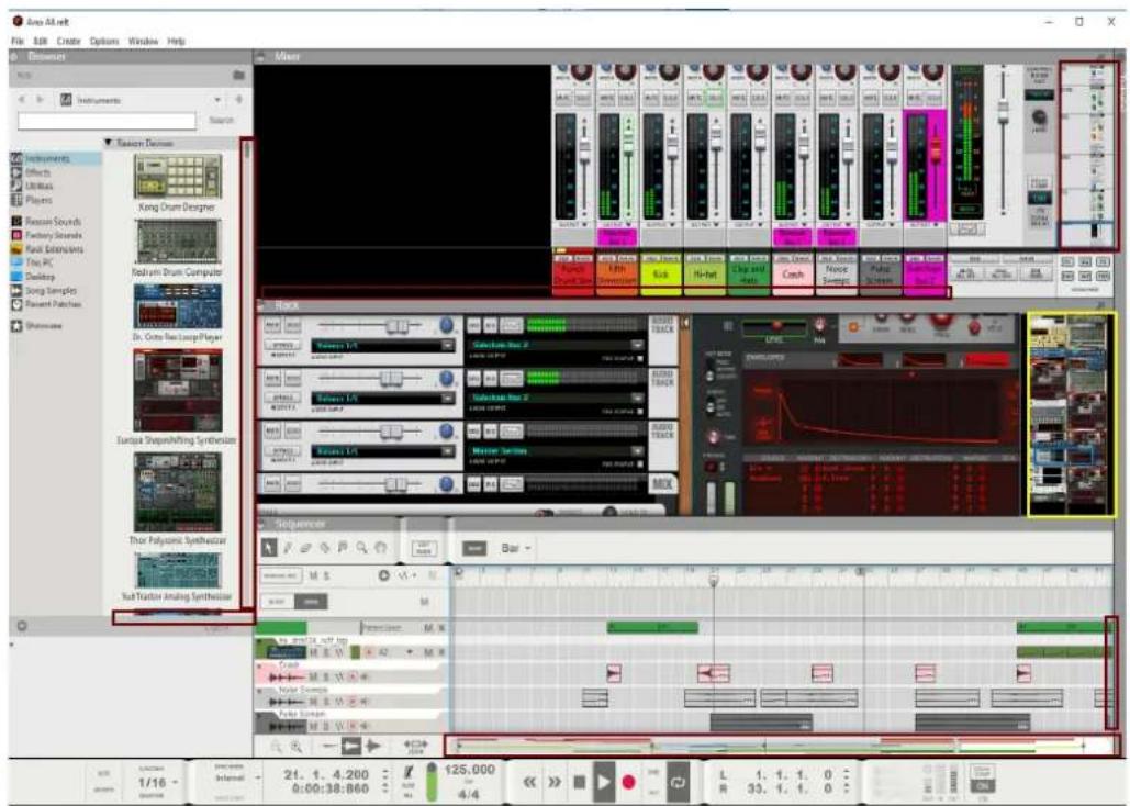 Audio AI.NET File Edit Create Options Windows Help Distances instruments Kong Drum Designer Kohrum Drum Computer Dr. Matte Res/Looper Player Eurique Shapen/Sling Synthesizer Thor Polyasonic Synthesizer Vad Tractor Analog Synthesizer Mixer Track Subtractable Box 2 Subtractable Box 3 Molecular Arches Track Sequence Bar - 1/16 - Information 21. 1. 4,200 125,000 L 1. 1. 1. 0 R 33. 1. 1. 0