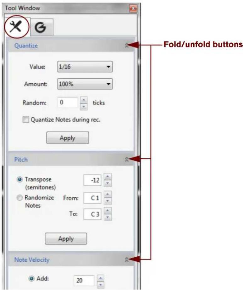 Tool Window Quantize Value: 1/16 Amount: 100% Random: 0 ticks Quantize Notes during rec. Apply Fold/unfold buttons Pitch Transpose -12 (semitones) Randomize From: C1 Notes To: C3 Apply Note Velocity Add: 20