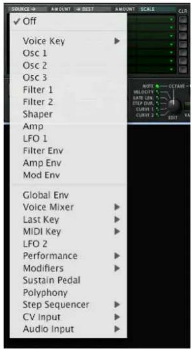 SOURCE → AMOUNT → DEST AMOUNT SCALE CLR ✓ Off Voice Key Osc 1 Osc 2 Osc 3 Filter 1 Filter 2 Shaper Amp LFO 1 Filter Env Amp Env Mod Env Global Env Voice Mixer Last Key MIDI Key LFO 2 Performance Modifiers Sustain Pedal Polyphony Step Sequencer CV Input Audio Input
