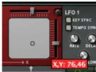 LFO 1 KEY SYNC TEMPO SYNC RAISE DELA X,Y: 76,46 LOW