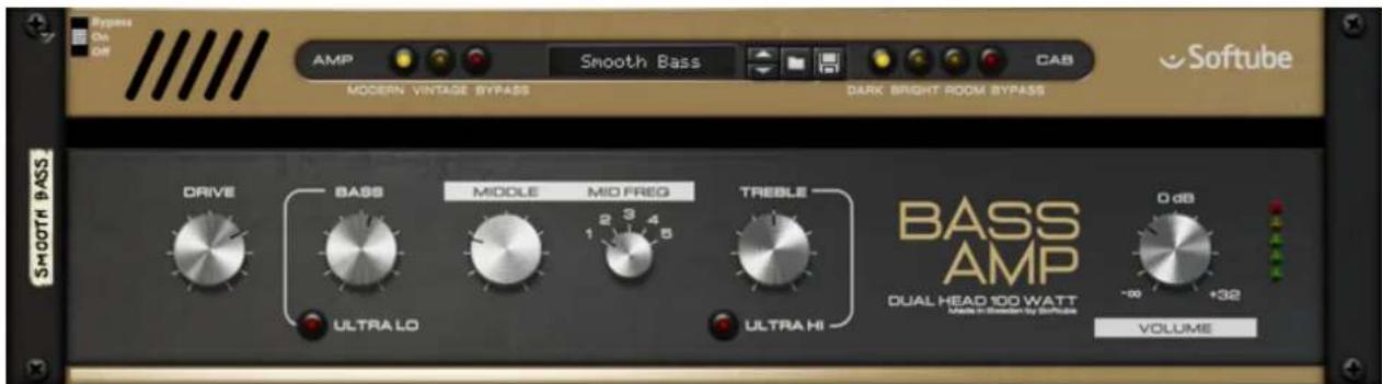Bypass On Off AMP Smooth Bass CAB Softtube MODERN VINTAGE BYPASS DARK BRIGHT ROOM BYPASS DRIVE BASS MIDDLE MID FREG TREBLE ULTRA LO BASS AMP DUAL HEAD 100 WATT Media & Settings by SoftTube 0 dB -∞ +32 VOLUME