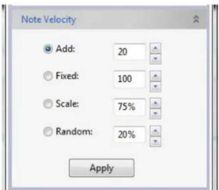 Note Velocity Add: 20 Fixed: 100 Scale: 75% Random: 20% Apply